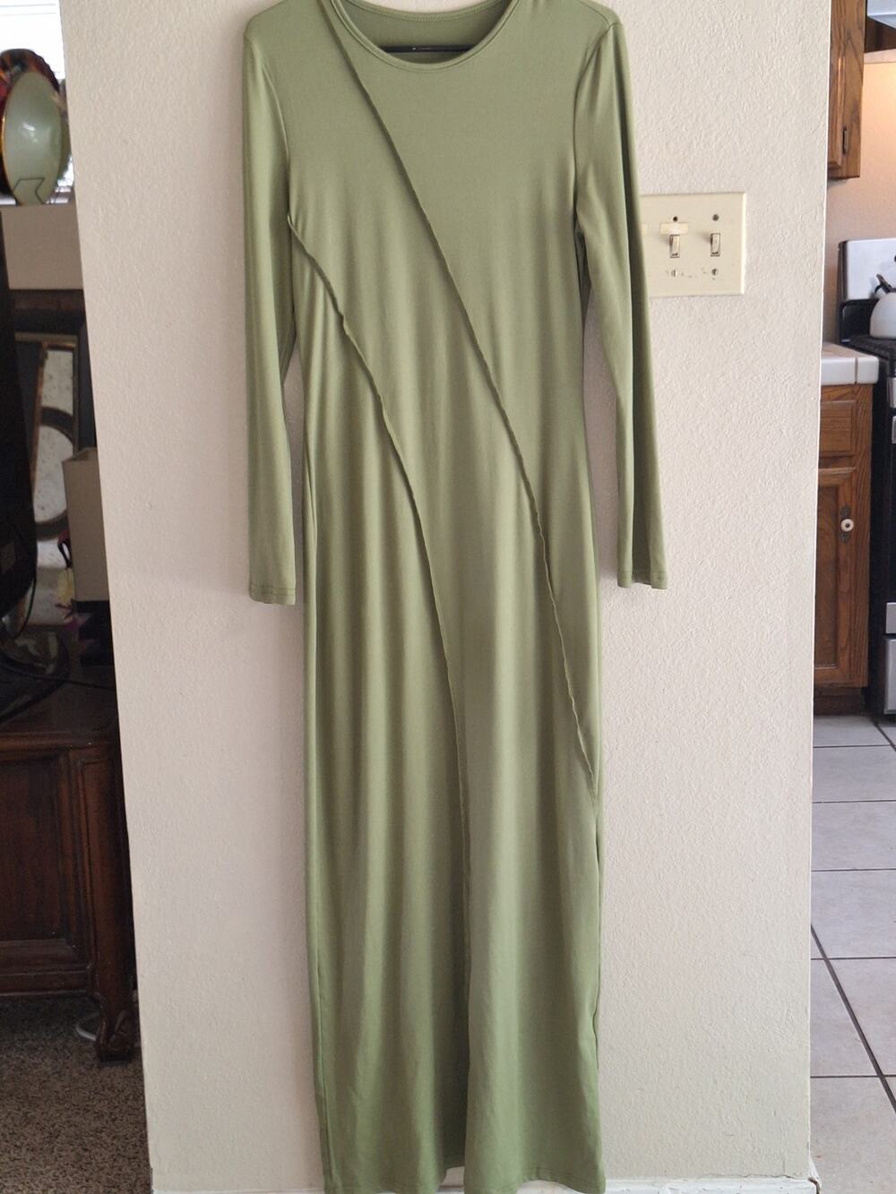 Long Sleeve Olive Maxi Dress with Subtle Diagonal Seams SzL Fall Colors